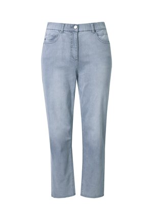 Lichtblauwe spijkerbroek met rechte pijp, voorzien van een knoopsluiting, lussen voor een riem en voorzakken. Gladde textuur, casual ontwerp.