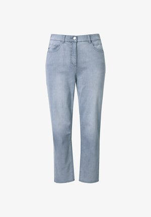 Hellblaue Jeans aus Denim mit geradem Bein, ausgestattet mit einem Knopfverschluss, Gürtelschlaufen und Vordertaschen. Glatte Textur, lässiges Design.