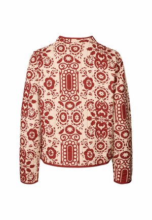 Langärmlige Jacke mit einer cremefarbenen Basis und mutigen roten floralem und geometrischen Mustern, mit einem Kragen und strukturiertem Stoff.