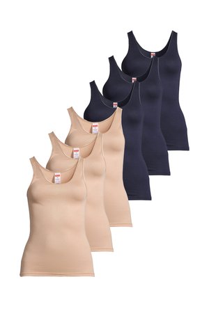 Seks ærmeløse tanktoppe i beige og navyblå, arrangeret i to overlappende rækker på en hvid baggrund.