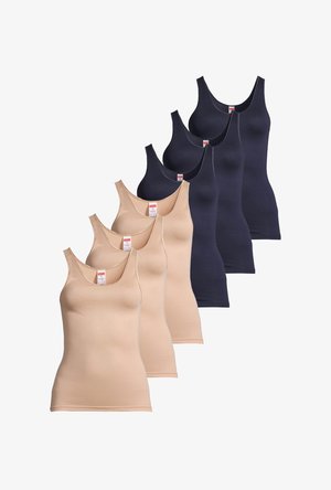 Six débardeurs sans manches en beige et bleu marine, disposés en deux rangées superposées sur un fond blanc.