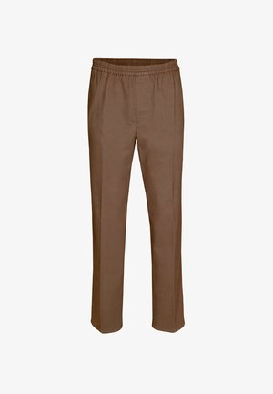 Brown elastic-waist pants with a straight-leg design, made from soft fabric, featuring side pockets and subtle stitching detail.