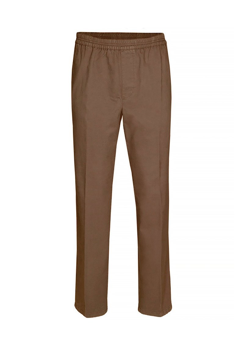 Brown elastic-waist pants with a straight-leg design, made from soft fabric, featuring side pockets and subtle stitching detail.