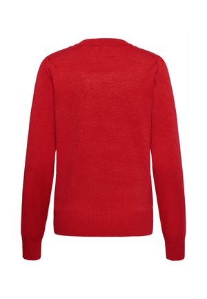 Pulover tricotat roșu simplu cu mâneci lungi, cu manșete, tiv și guler nervurate, prezentat din spate pe un fundal alb.