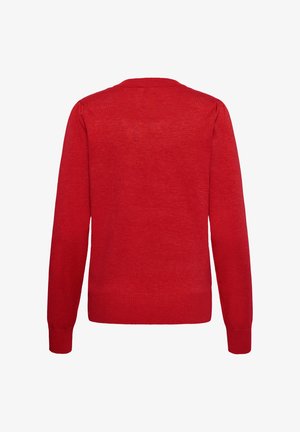 Jednoduchý červený dlhý pletený sveter s rebrovanými manžetami, lemem a výstrihom, zobrazený zozadu na bielom pozadí.