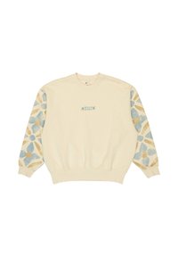 Sudadera crema con cuello redondo, que presenta acentos en azul y dorado en las mangas y un pequeño logo en el centro delantero.