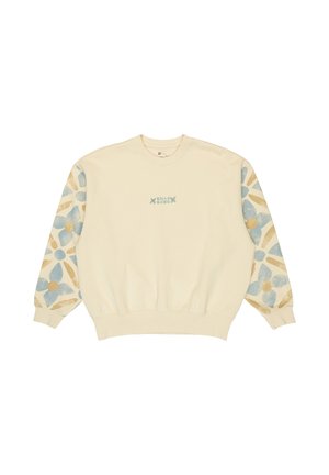 Felpa crema con collo a giro, caratterizzata da dettagli blu e oro a motivi sulle maniche e un piccolo logo al centro anteriore.