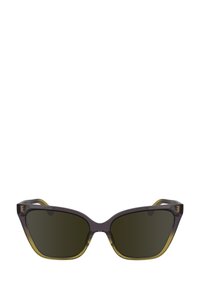Ochelari de soare tip cat-eye cu un cadru degradat, de la mov transparent la verde măsliniu. Lentilele de un verde închis au o textură netedă și lucioasă.