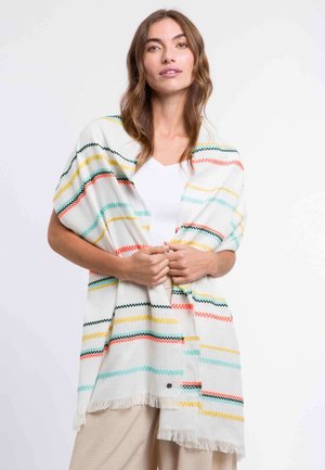 Lightweight, cream shawl with multicolored zigzag stripes in red, blue, green, and yellow. Features fringed edges and soft texture.