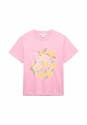 Pink short-sleeve T-shirt with a graphic of yellow lemons and green leaves inside a white mesh bag on the front center.