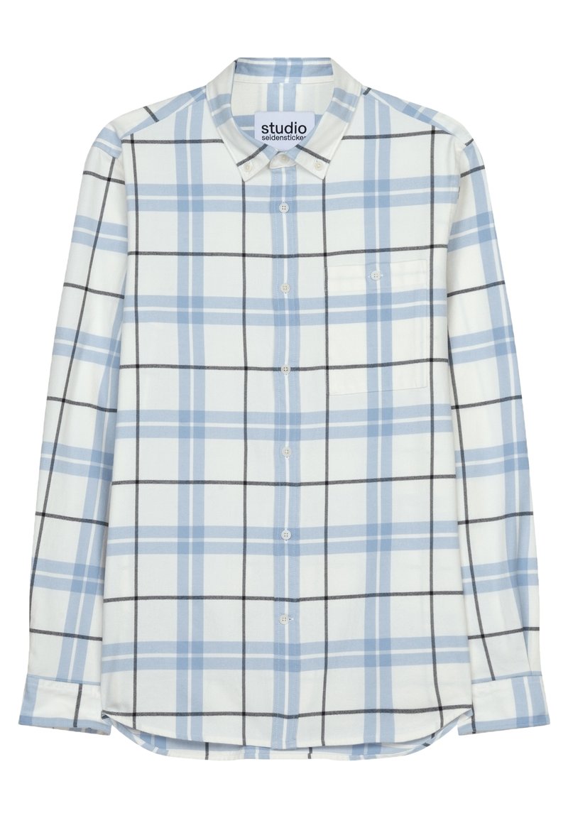 Blau-weißes karierte Button-Up-Hemd mit schwarzen Linien, ausgestattet mit einem klassischen Kragen und einer einzelnen Brusttasche. Hergestellt aus weichem Stoff.