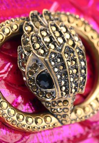 Boucle en bronze en forme de feuille avec des embellissements noirs et dorés, sur un fond rose texturé. Détails avec des accents scintillants.