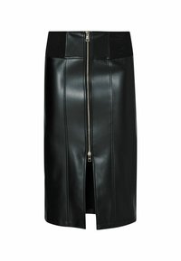 Jupe crayon noire en similicuir avec fermeture éclair argentée à l'avant et taille haute, avec des détails de couture verticale et une fente avant à l'ourlet.