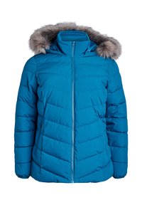 Veste d'hiver matelassée bleue avec fermeture éclair à l'avant et capuche détachable bordée de fausse fourrure grise.