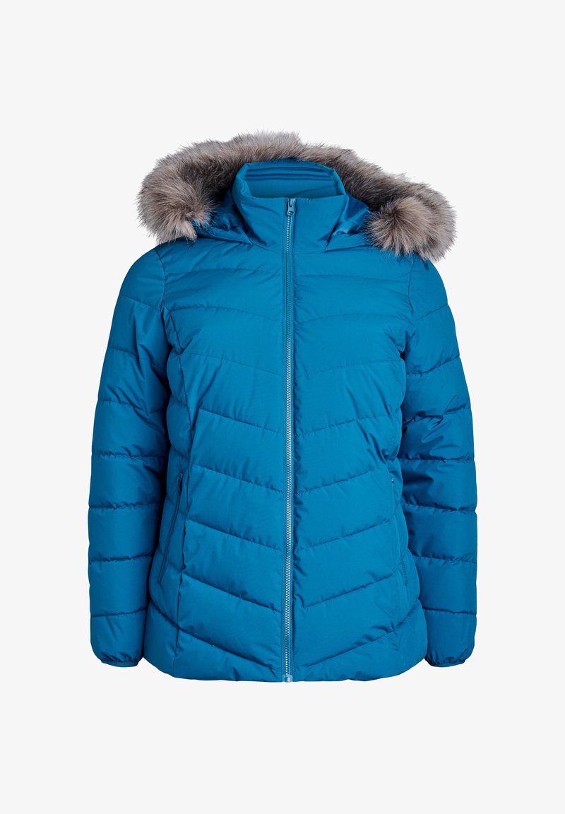 Mėlyna siuvinėta žieminė striukė su priekiniais užtrauktukais ir nuimamu gaubtu, aptrauktu pilku dirbtiniu kailiu.