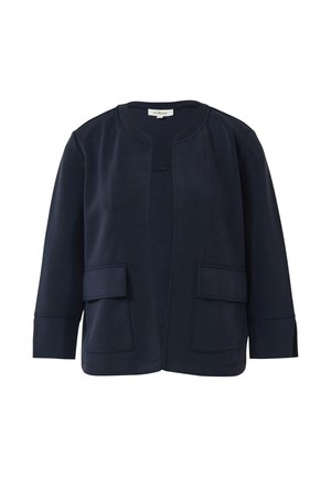 Marineblaue, kragenlose Jacke mit langen Ärmeln, offenem Vorderteil und zwei Klappentaschen an den vorderen Seiten.