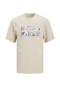 T-shirt in cotone beige con maniche corte e collo a giro. Presenta un testo colorato e decorato "JACK & JONES" in una varietà di designs floreali.