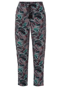 Pantalons à motif paisley coloré en tissu léger, avec une taille élastique dotée d'un cordon de serrage et des accents de glands.