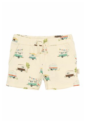 Katoenen shorts met een crèmekleurige achtergrond, voorzien van een kleurrijke caravanprint, een elastische tailleband en twee zijzakken.