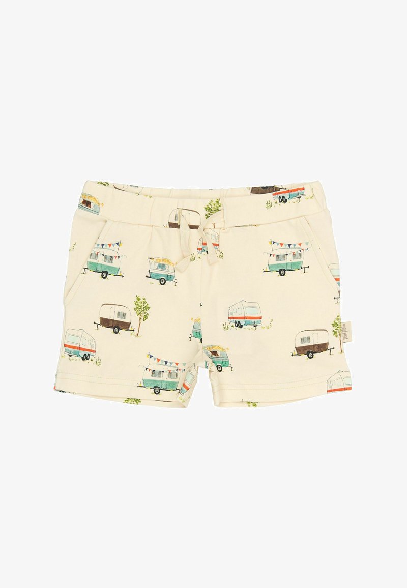 Shorts en coton avec un fond crème, présentant un imprimé de caravane coloré, une taille élastique et deux poches latérales.