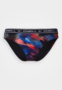 Bikini destni plavk z barvitim, abstraktnim vzorcem v modri, rdeči in rumeni barvi. Ima črnen pas z logotipom O'Neill.