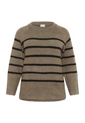 Suéter beige a rayas con rayas horizontales negras. Textura suave, cuello redondo y ajuste ligeramente holgado. Puños y dobladillo acanalados.