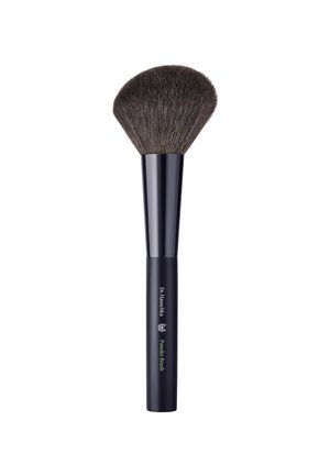 Powder brush with a wide, fan-shaped bristle head. Dark gray synthetic bristles, metal ferrule, and black handle featuring green text.