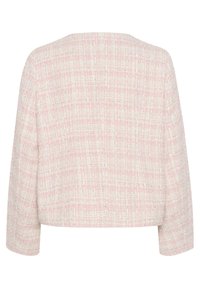 Světle růžový tweedový blazer s texturovaným vzorem, širokým lodním výstřihem a rukávy po lokty, s cropped střihem.