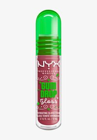 Gloss NYX Gum Drop dans un tube transparent avec un bouchon vert. Gloss rose à l'intérieur, avec du texte blanc et vert ainsi que des arabesques décoratives sur l'étiquette.