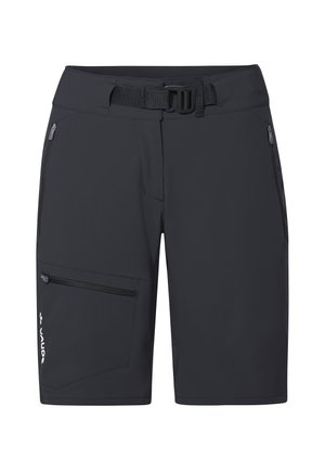 Schwarze kniehohe Shorts mit verstellbarem Gürtel, Reißverschlusstaschen auf beiden Seiten und einer Reißverschlusstasche am Oberschenkel des linken Beins.
