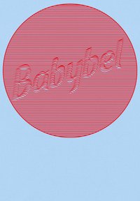 Röd cirkulär grafik med horisontella ränder som visar ordet "Babybel" i en vågig textstil, över en ljusblå bakgrund.