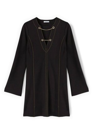 Tunic nera con scollatura a V decorata da catene dorate, cuciture a contrasto marroni e maniche lunghe con fondo svasato.