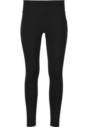 Zwarte leggings gemaakt van rekbaar, ademend materiaal. Heeft een hoge tailleband en een zijzak met merklogo. Eenvoudig ontwerp.