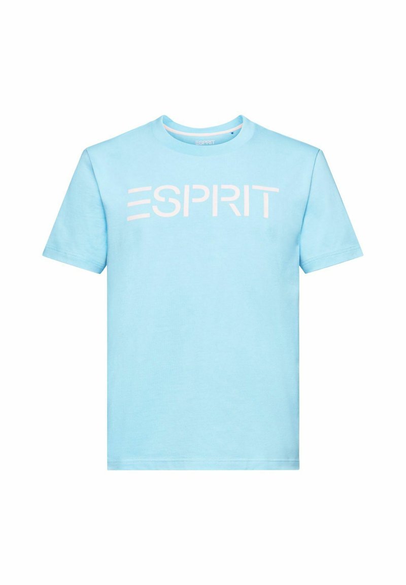 Helleblaue Baumwoll-T-Shirt mit kurzen Ärmeln, mit einem weißen "ESPRIT"-Logo über der Brust. Glatte Textur und Rundhalsausschnitt.