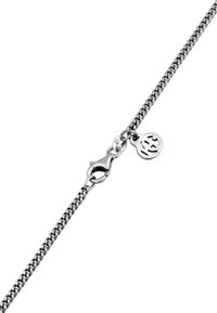 Silver chain bracelet with a sleek link design, featuring a lobster clasp and a circular charm with an engraved pattern.