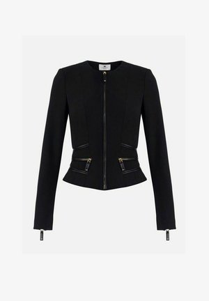 Giacca nera con cerniera realizzata in tessuto strutturato, caratterizzata da un design aderente, maniche lunghe, due tasche frontali con zip e dettagli in metallo dorato.