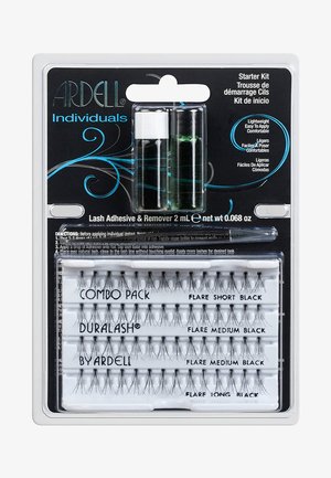 Kit di partenza Ardell Individuals con ciglia adesive nere a farfalla nelle lunghezze corta, media e lunga; include adesivo e solvente in piccole fiale.