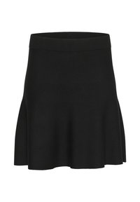 Falda negra de punto con forma acampanada, que presenta una cinturilla ancha de canalé y un tejido liso y ligero. Sin patrones ni detalles.