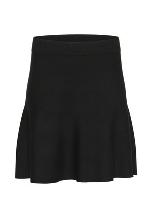 Črna pletena krila s širokim robom, ki ima razširjeno obliko, širok rebrast pas in gladko, lahko tkanino. Brez vzorcev ali okrasnih elementov.