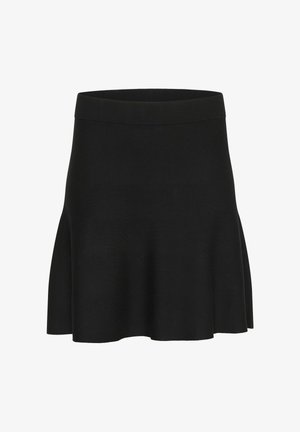 Falda negra de punto con forma acampanada, que presenta una cinturilla ancha de canalé y un tejido liso y ligero. Sin patrones ni detalles.