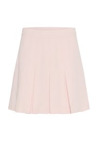 Light pink pleated skirt with a fitted waistband. Made from soft fabric, it features sharp pleats and a smooth texture.