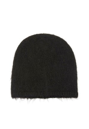 Schwarze, flauschige Strickmütze mit einer runden Krone und einer weichen Textur. Nahtloses Design mit einem leicht lockeren Sitz am unteren Rand.