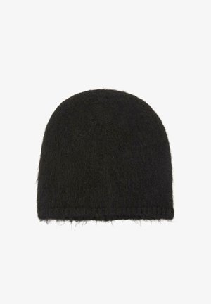 Zwarte, pluizige gebreide beanie-hoed met een ronde kroon en een zachte textuur. Naadloos ontwerp met een iets losse pasvorm aan de onderrand.