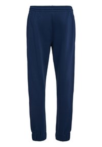 Marina blå sweatpants, tillverkade av mjukt tyg, med ett elastiskt midjeband och samlade muddar vid anklarna. Inga fickor synliga.