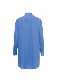 Blaues Langarmhemd aus leichtem Stoff mit kragen, geradem Saum und geknöpften Bündchen. Glatte Textur und schlichtes Design.