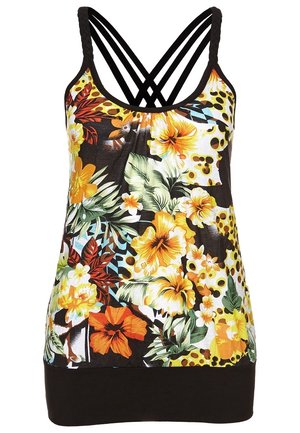 Bluzka bez rękawów w kwiatowy wzór z plecionymi ramiączkami i skrzyżowanymi czarnymi paskami na plecach, w żółtych, pomarańczowych, czerwonych i zielonych tonach.