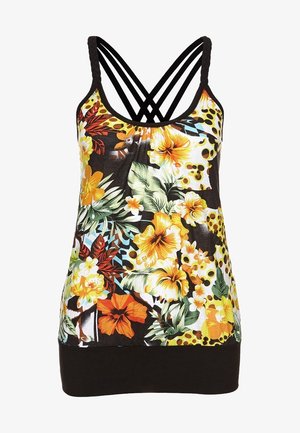 Kukkakuvioinen hihaton toppi, jossa punotut olkahihnat ja ristikkäiset mustat hihnat selässä, keltaisissa, oransseissa, punaisissa ja vihreissä sävyissä.