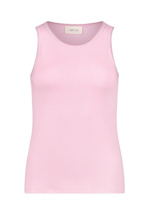 Ærmeløs ribstrikket tanktop i blød lyserød med rund halsudskæring og diskret bølget kant.