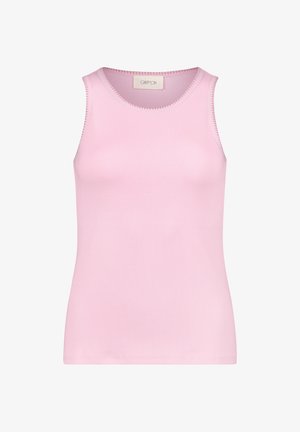 Ærmeløs ribstrikket tanktop i blød lyserød med rund halsudskæring og diskret bølget kant.