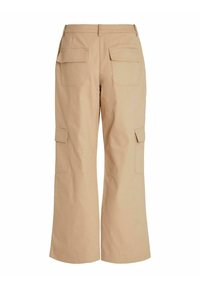 Pantalon cargo kaki avec une coupe décontractée, des jambes larges, quatre poches et un tissu robuste en mélange de coton. Design arrière simple avec une finition lisse.